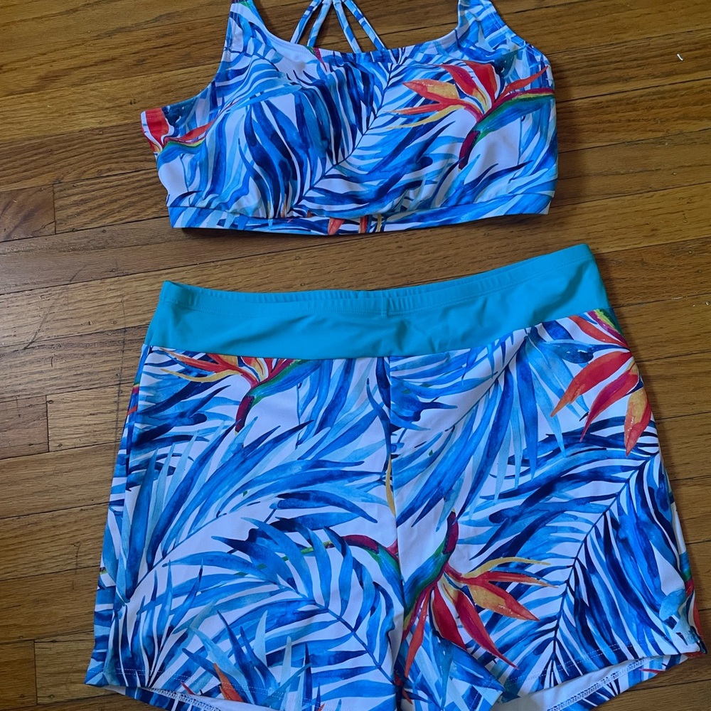 Tropical Blue Leaf Print Activewear/Swim Set